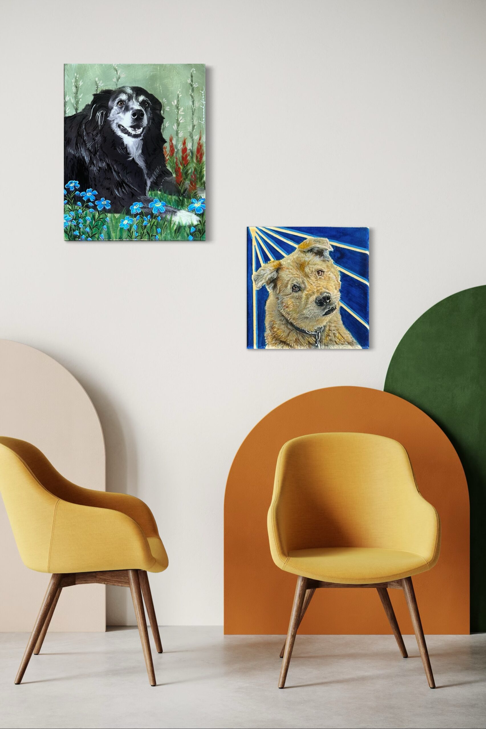 Portraits of two dogs in modern living room