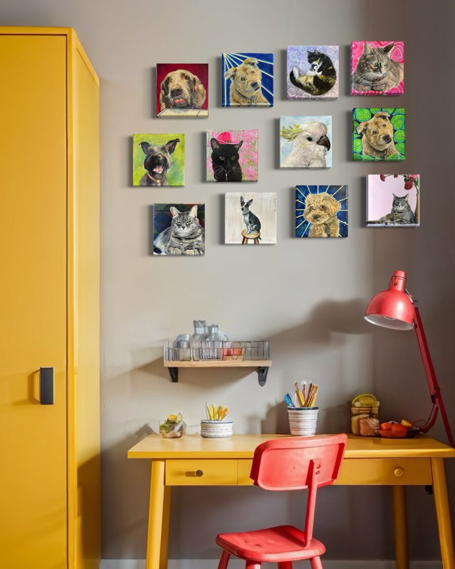 Pet portraits by Hannah Finch, including paintings of dogs, cats, and birds